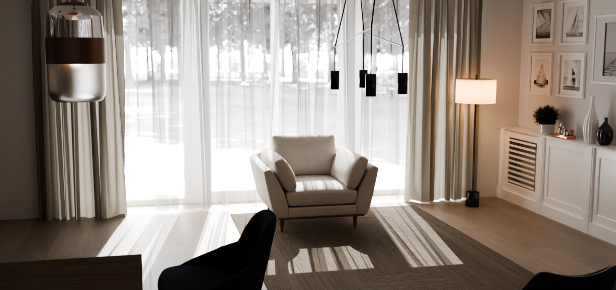 Living room render — alternate angle