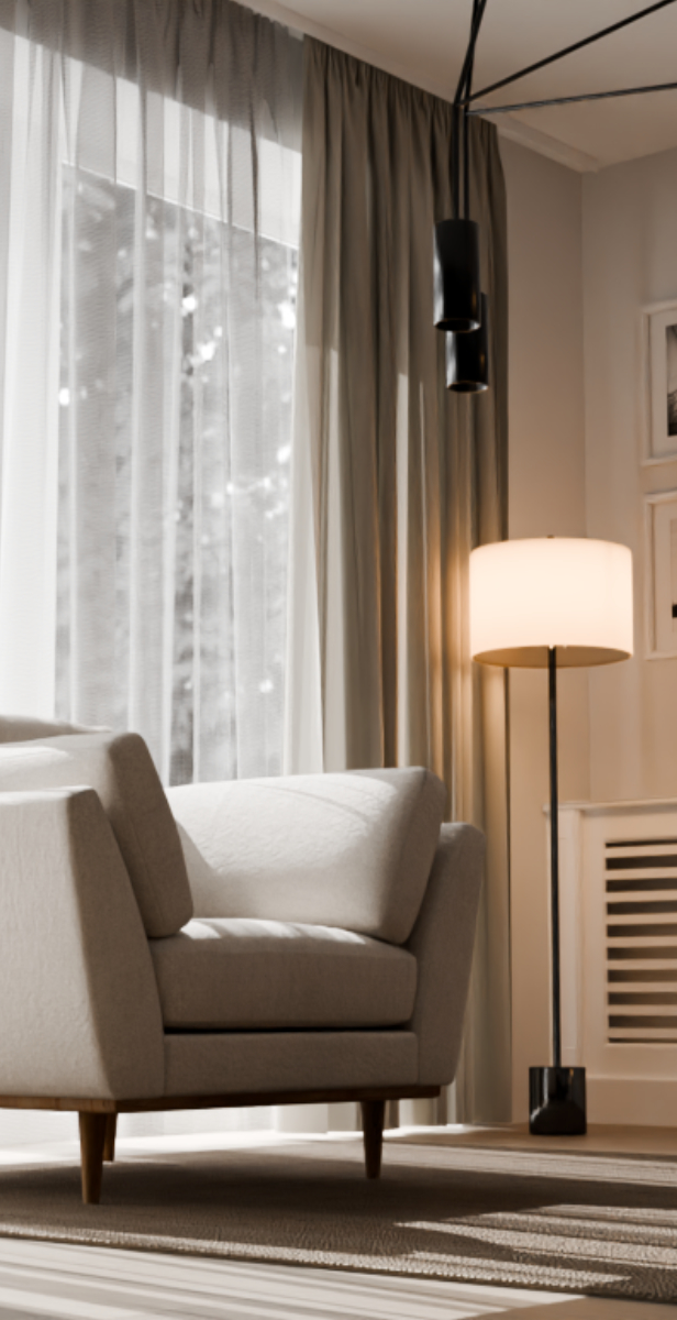 Interior render — full room with curtains